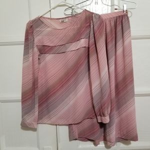 Vtg Blouse & Skirt Set Pink & Gray Diagonal Stripe Size Small